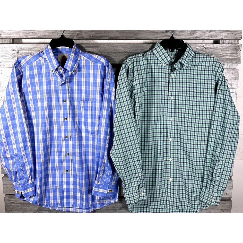 Lot of 2 LL Bean Traditional Fit Plaid Long Sleeve Button Down Shirts Mens Small